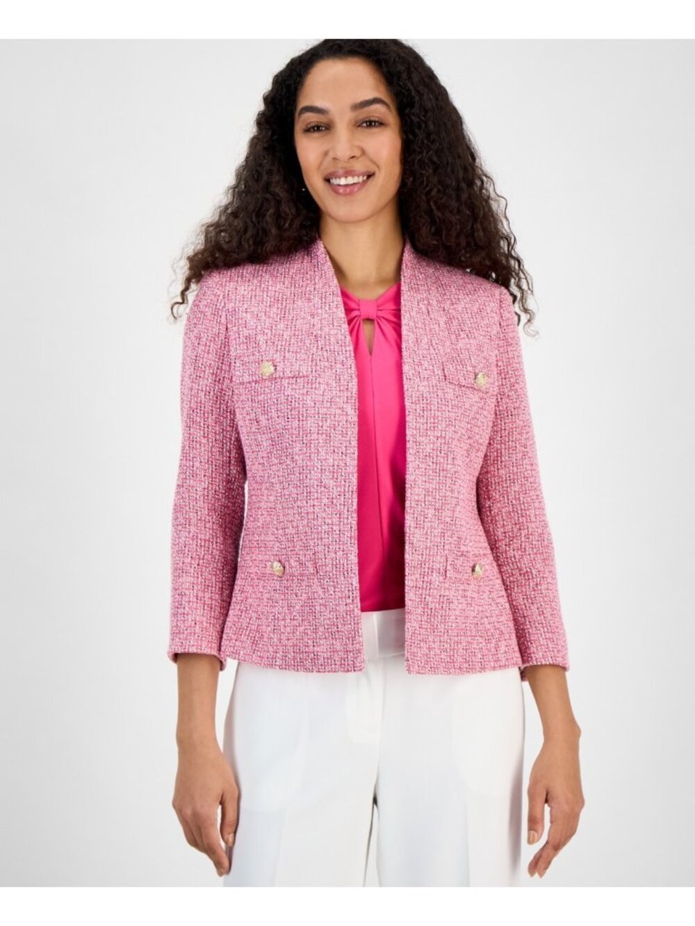 Kasper Women Tweed Four-Pocket Collarless Lined Jacket Pink Petite Size 8P $139